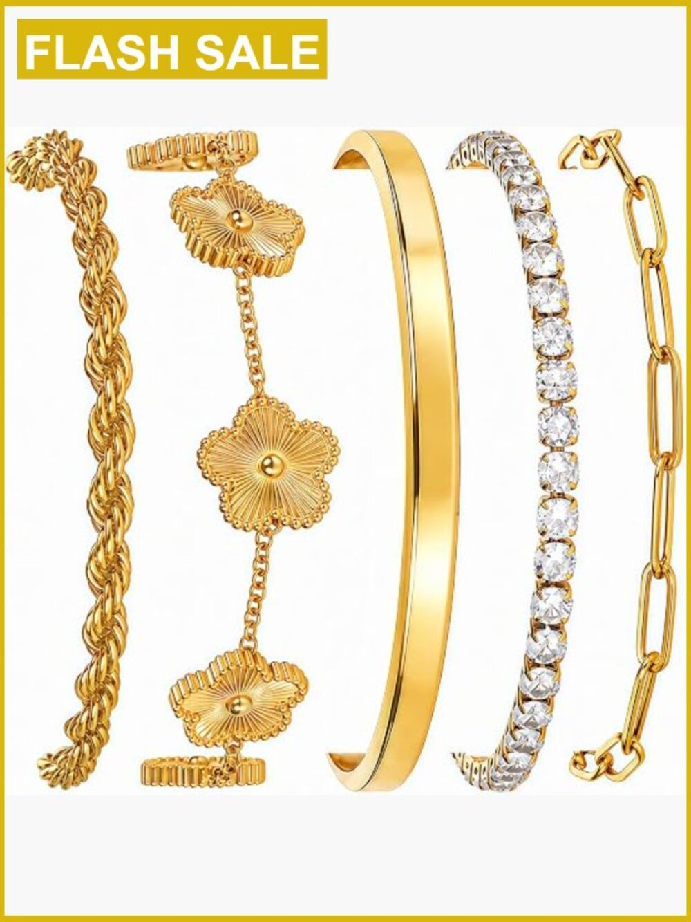 5 Pc Gold Bracelet Set 18K Gold Plated Non Tarnish Waterproof Stacking